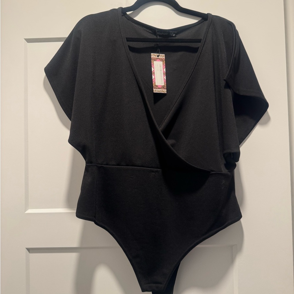 Black Wrap Bodysuit with Bell Sleeves
